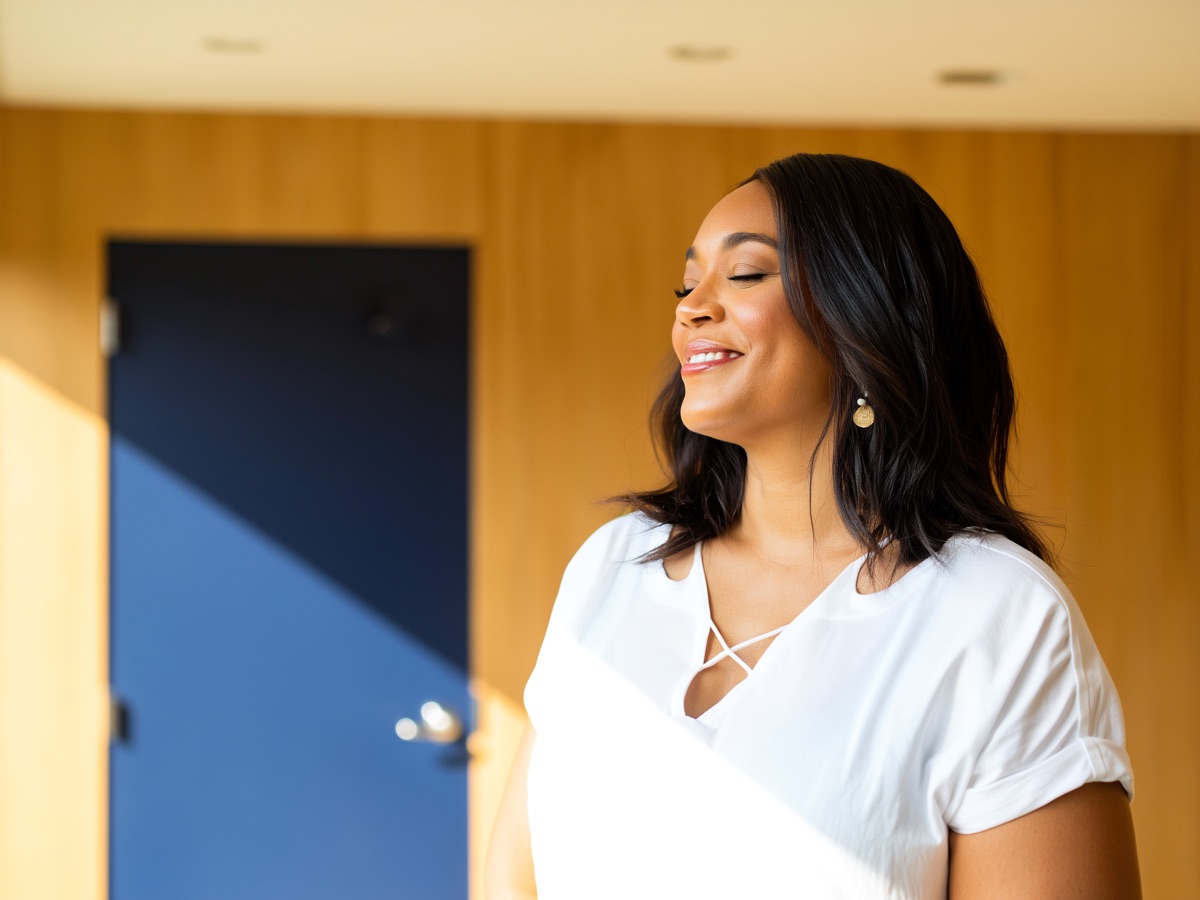 A woman with natural glowing skin, eyes closed in warm window light