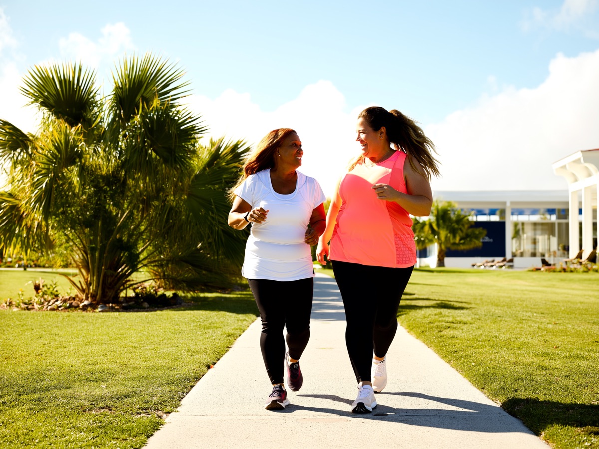 Two friends walking briskly along a palm-lined park path